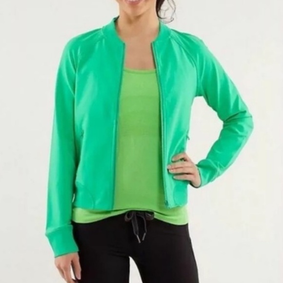This is a Lululemon Om Me Home yoga jacket in green Luon fabric. - Picture 3 of 8